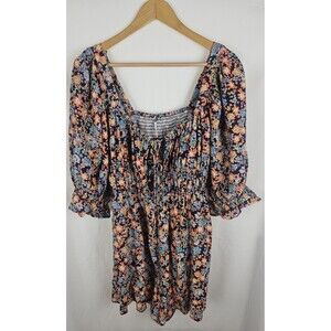 Free People Size XL Show Me Love Romper Floral Puff Sleeve Linen Blend Tie Front